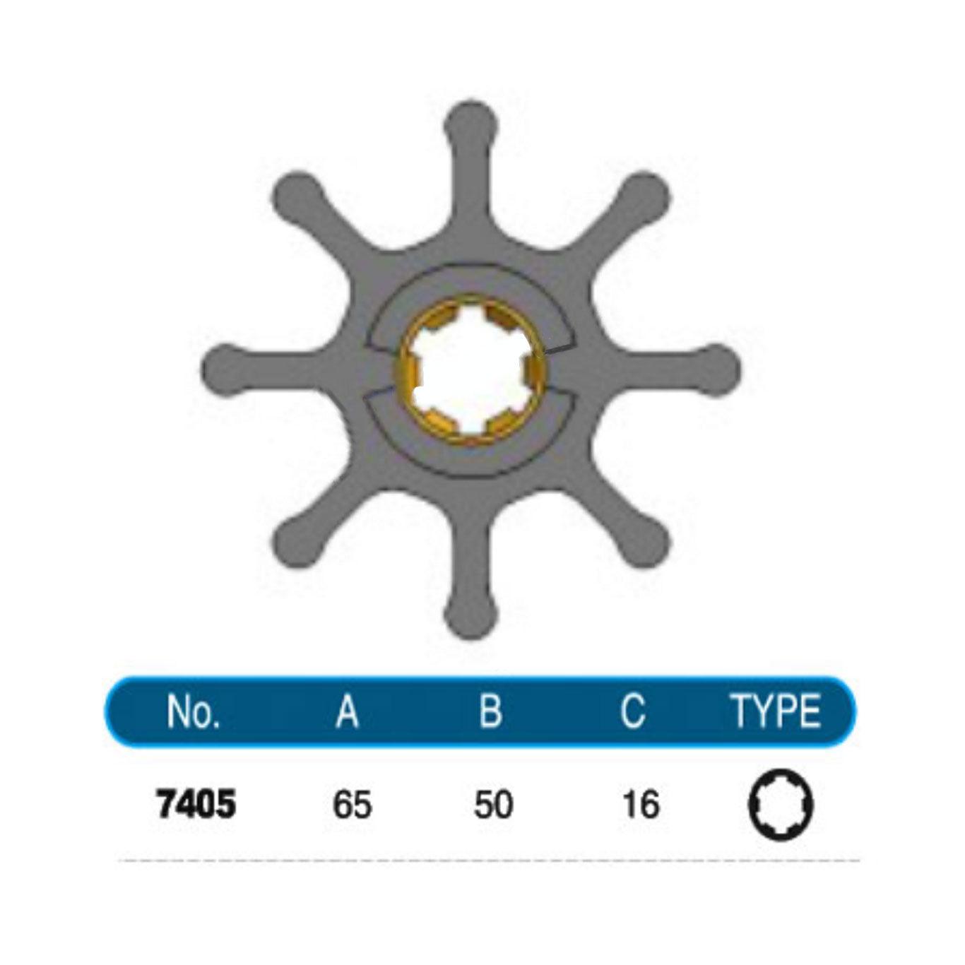 JMP Marine Flexible Impeller Kit #7405-01K, Includes O-Ring. Dia 65mm, Width 50mm, Shaft Dia 16mm, 8 Blades, Hexa Spline Drive.