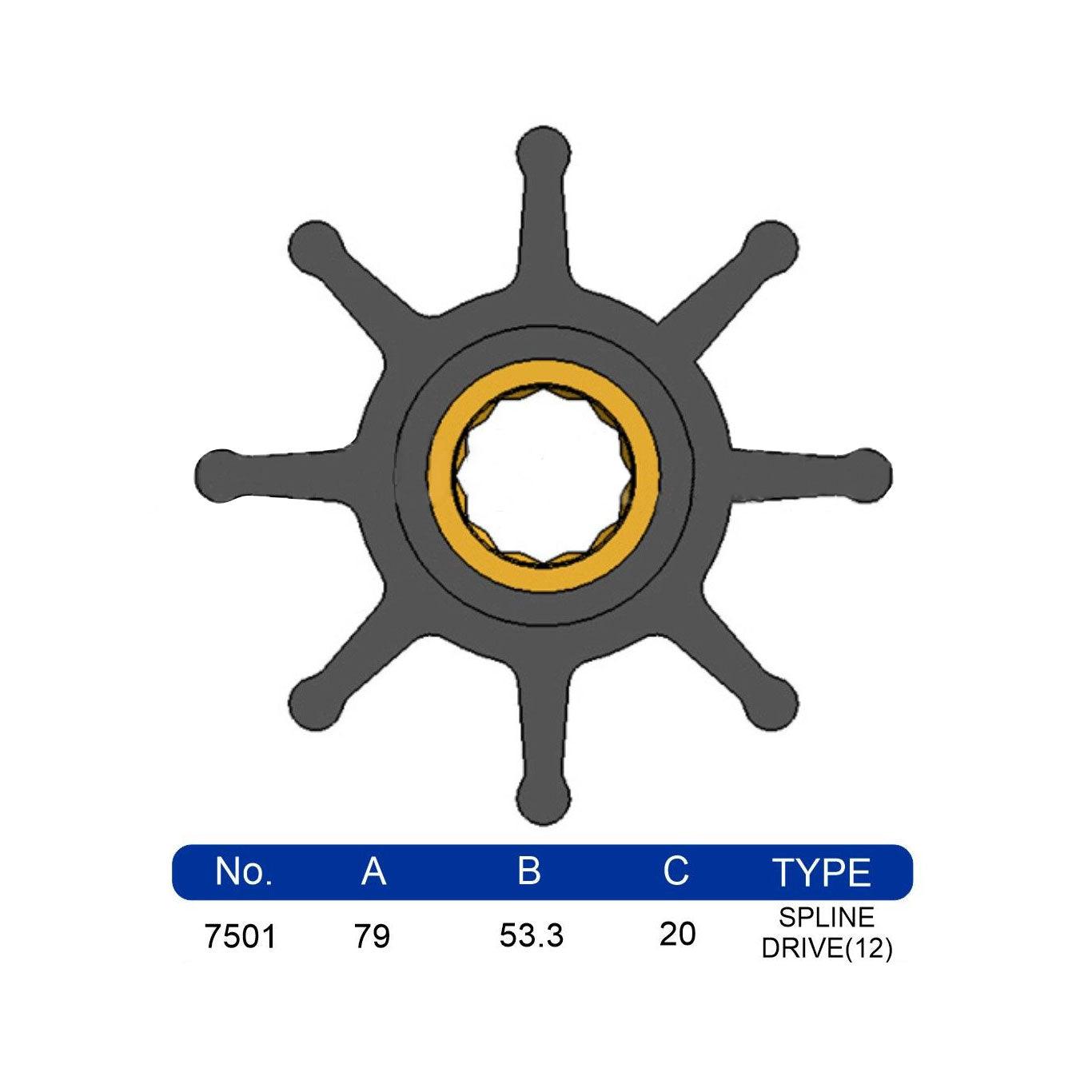 JMP Marine Flexible Impeller #7501-01. Dia 79mm, Width 53.3mm, Shaft Dia 20mm, 8 Blades, Spline Drive(12).