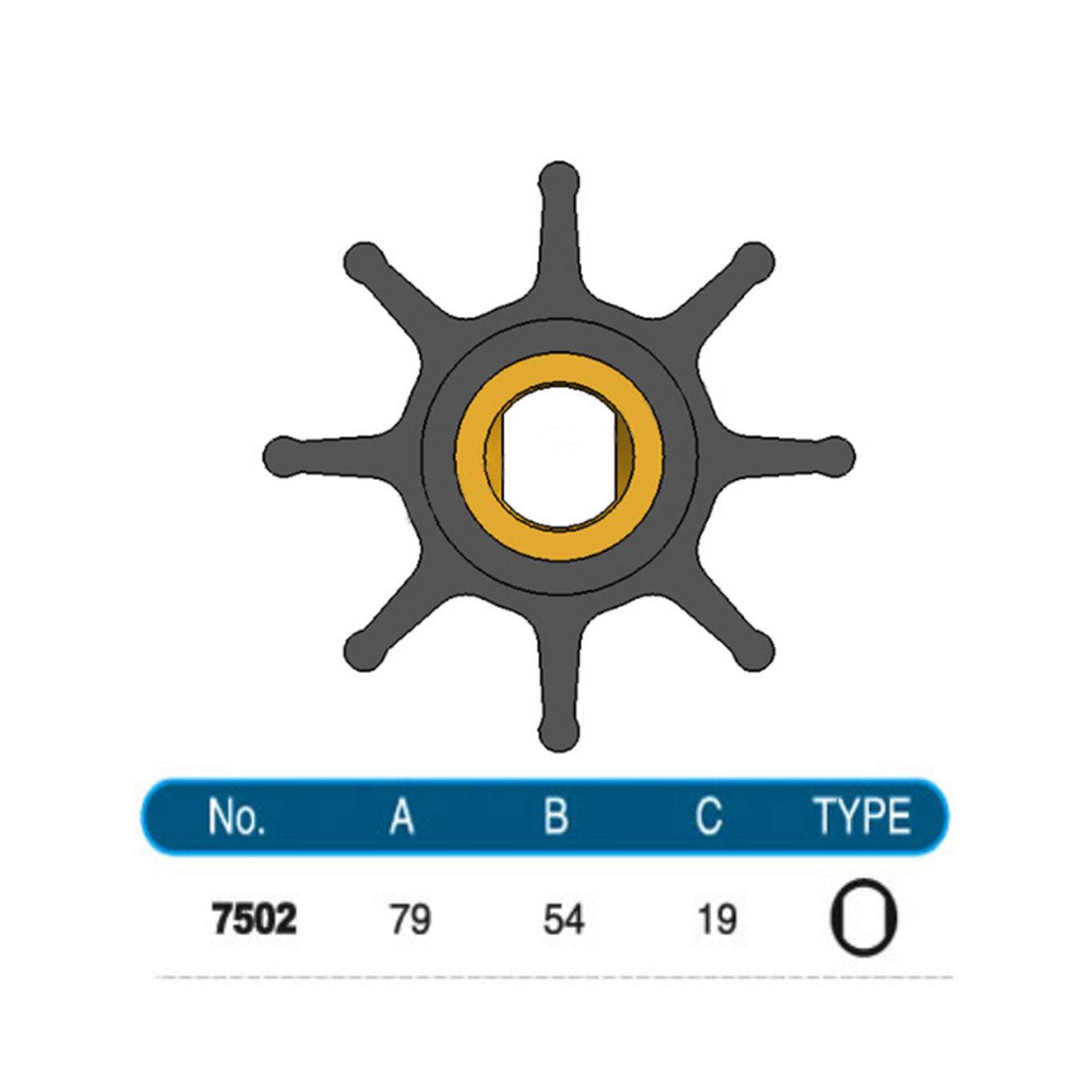 JMP Marine Flexible Impeller Kit #7502-01K. Dia 79mm, Width 54mm, Shaft Dia 19mm, 8 Blades, Double Flat Drive. Used in JMP Pump JPR-32LP, JPR-32UF.
