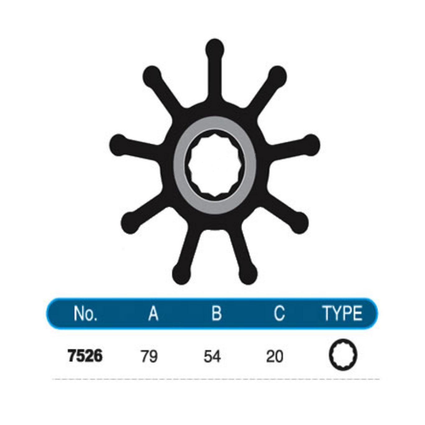 JMP Marine Flexible Impeller Kit #7526-01K. Replaces Yanmar 128620-42200, Kashiyama KP-100. Dia 79mm, Width 54mm, Shaft Dia 20mm, Spline Drive(12).