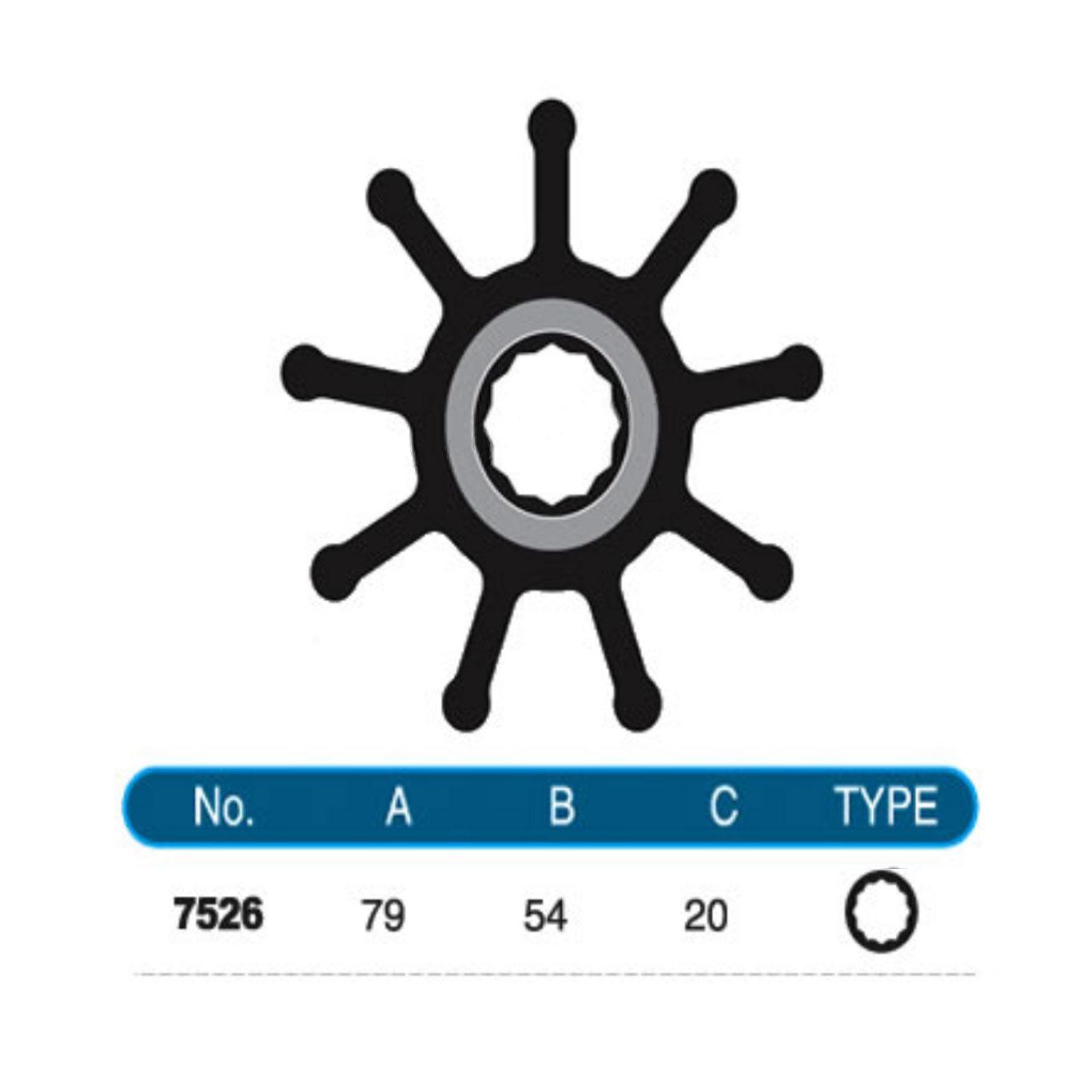 JMP Marine Flexible Impeller Kit #7556-01K. Replaces Kashiyama SP-170. Dia 80mm, Width 75mm, Shaft Dia 20mm, 9 Blades, Spline Drive(12).
