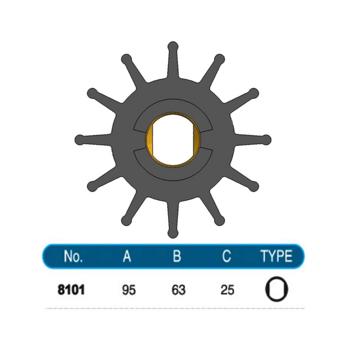 JMP Marine Flexible Impeller Kit #8101-01K. Dia 95mm, Width 63mm, Shaft Dia 25mm, 12 Blades, Double Flat Drive. Used in JMP Pump JPR-VK2000.