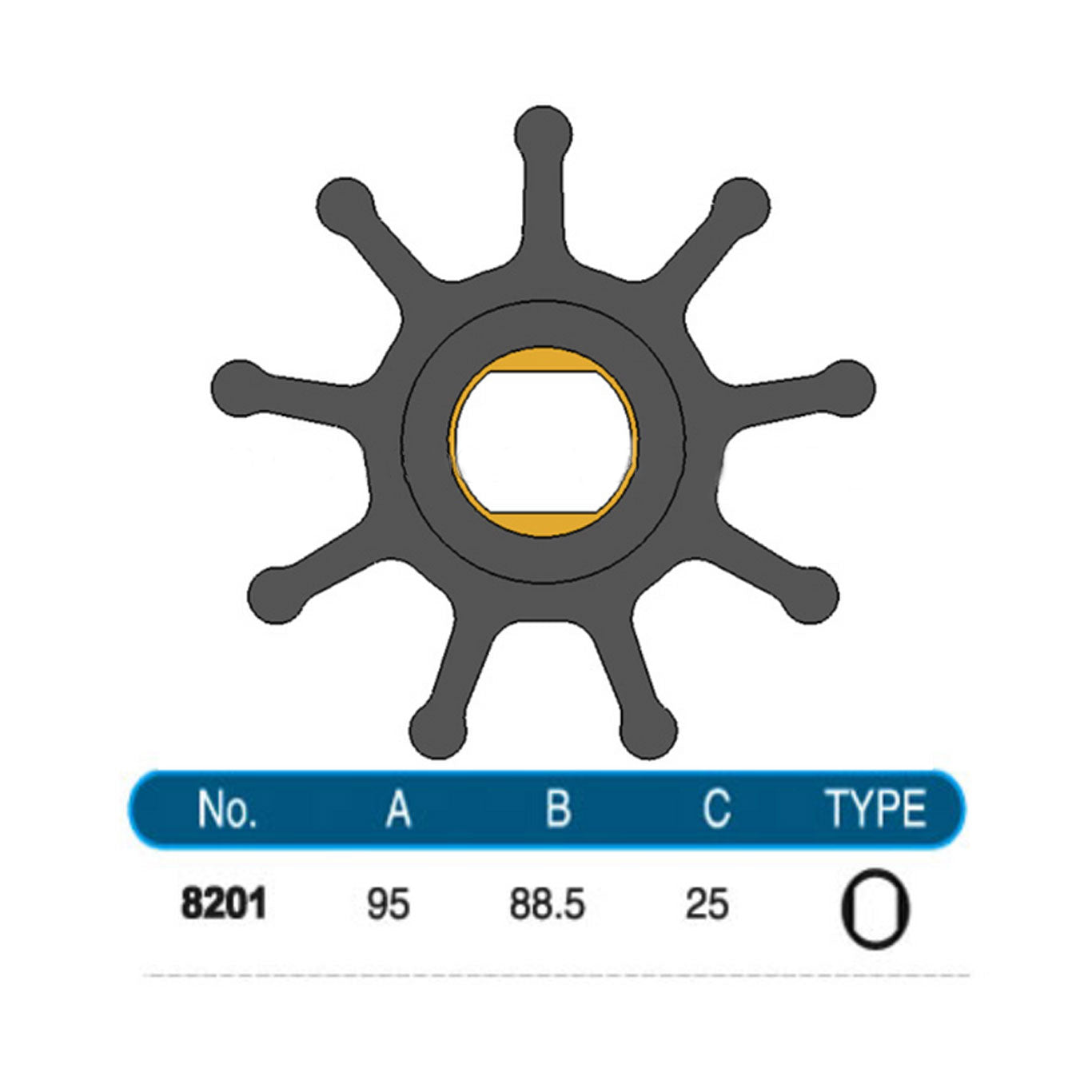 JMP Marine Flexible Impeller kit #8201-01K. Replaces Doosan 65.06804-0001. Dia 95mm, Width 88.5mm, Shaft Dia 25mm, 9 Blades, Double Flat Drive.