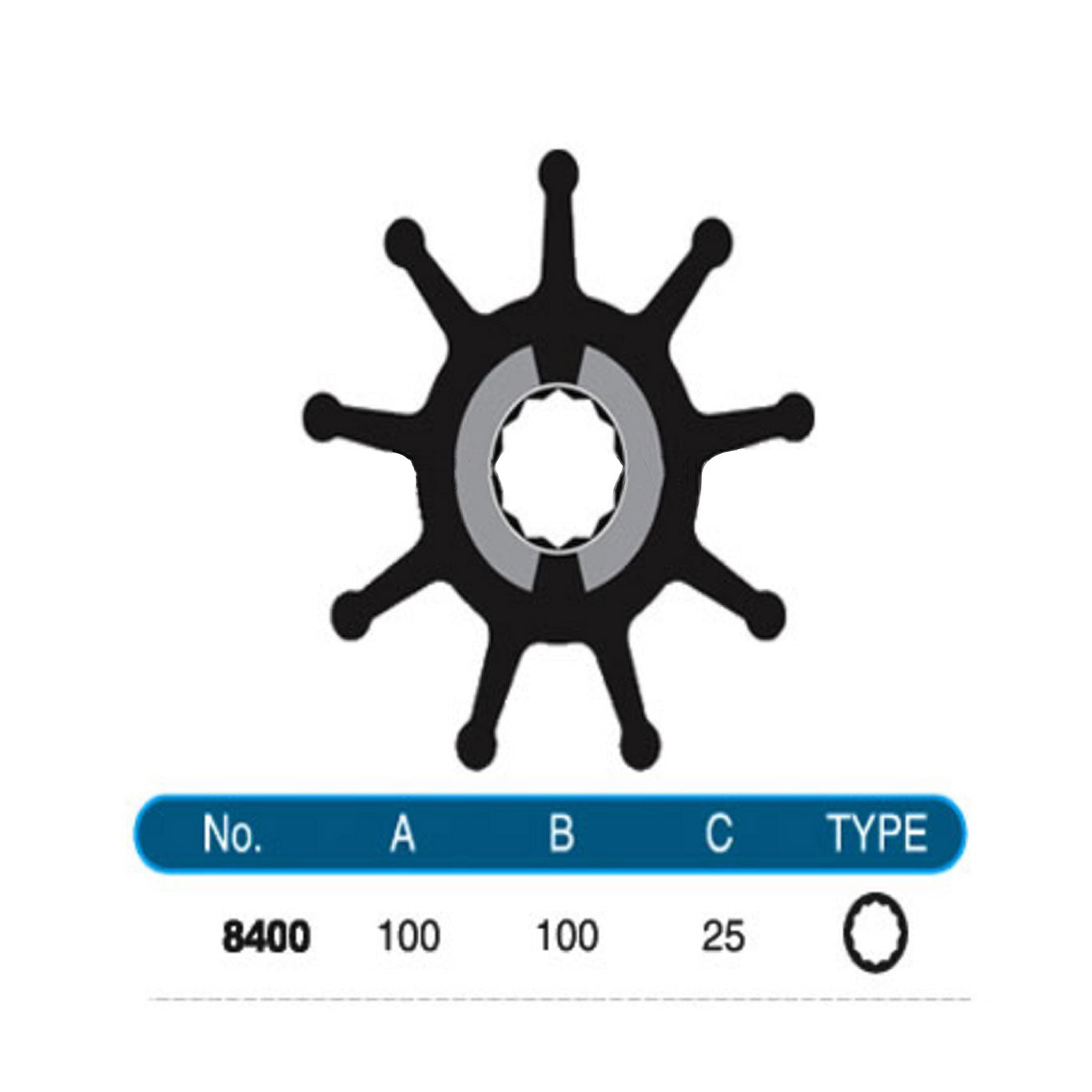 JMP Flexible Impeller Kit #8400-01K. Dia 100mm, Width 100mm, Shaft Dia 25mm, 9 Blades, Spline Drive(12).