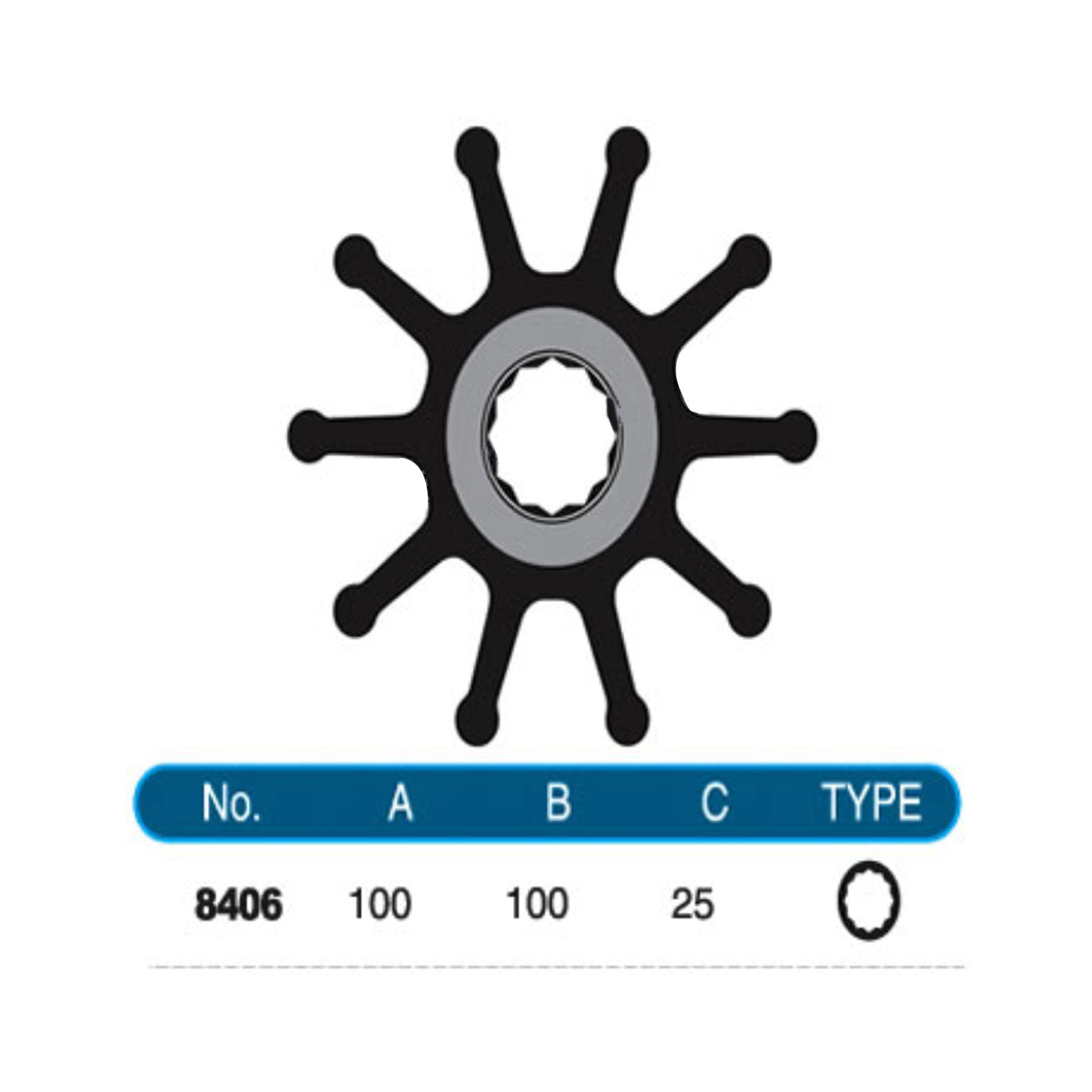 JMP Flexible Impeller #8406-01. Dia 100mm, Width 100mm, Shaft Dia 25mm, 10 Blades, Spline Drive(12).