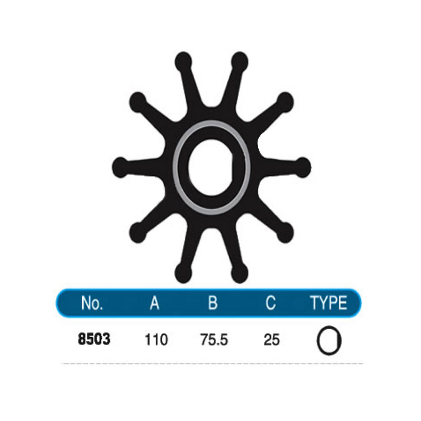 JMP Marine Flexible Impeller #8503-01. Dia 110mm, Width 75.5mm, Shaft Dia 25mm, 10 Blades, Single Flat Drive.