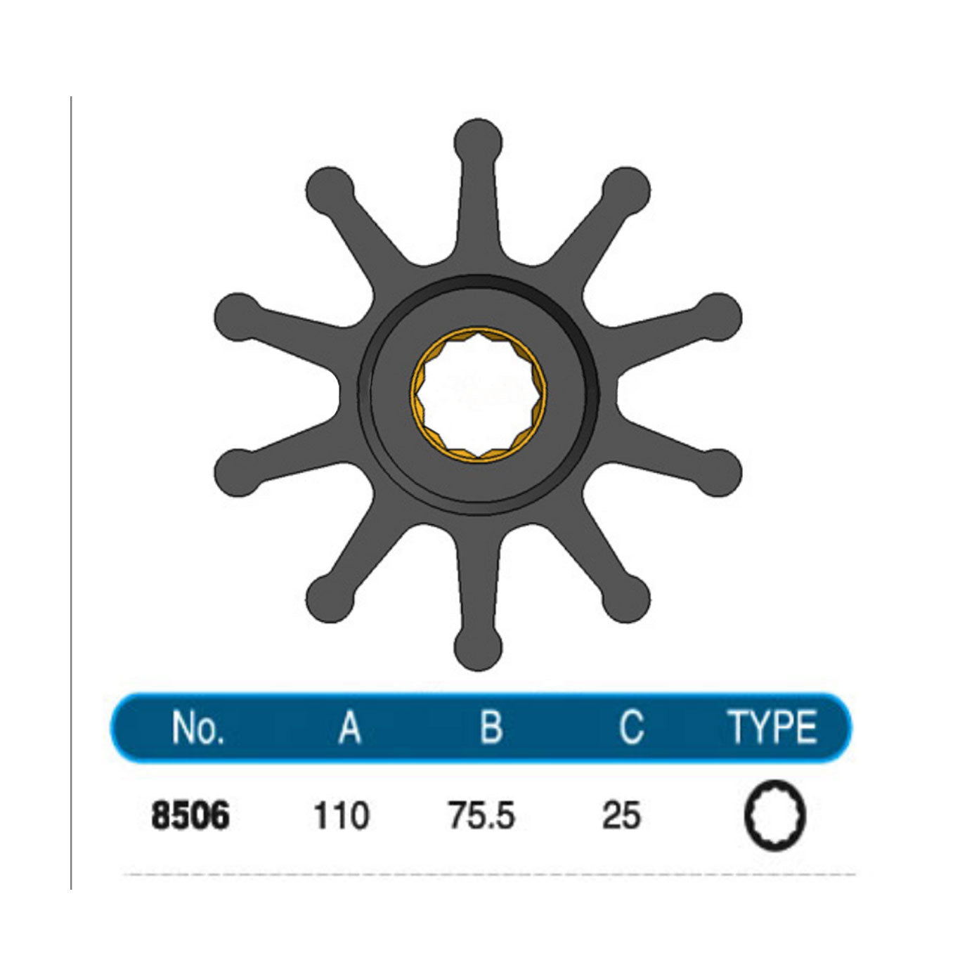 JMP Marine Flexible Impeller #8506-01. Dia 110mm, Width 75.5mm, Shaft Dia 25mm, 10 Blades, Spline Drive(12).