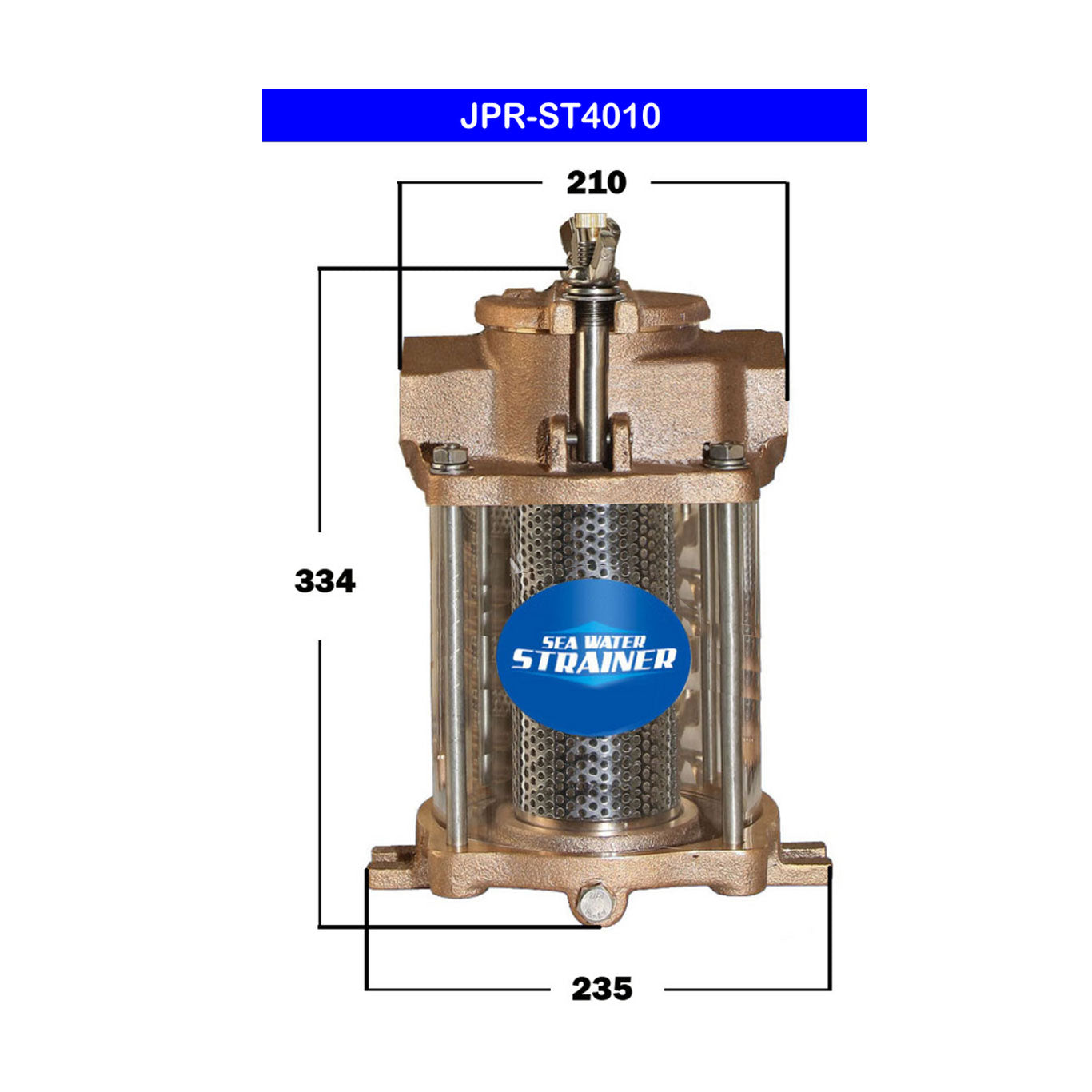 JMP Marine ST Series Seawater Strainer #JPR-ST4020. 1.5" NPT Ports, Top 210mm, Bot 235mm, Height 334mm, Cylinder Dia 180 x 190mm