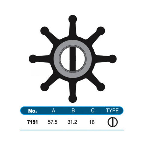JMP Marine Flexible Impeller 7151-01. Replaces Nikkiso F15. Dia 57.5mm, Width 31.2mm, Shaft Dia 16mm, 8 Blades, Slotted Shaft Pin Drive.