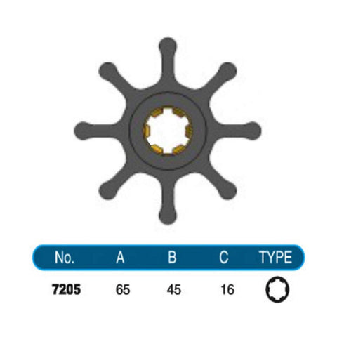 JMP Marine Flexible Impeller #7205-01. Dia 65mm, Width 45mm, Shaft Dia 16mm, 8 Blades, Hexa Spline Drive.