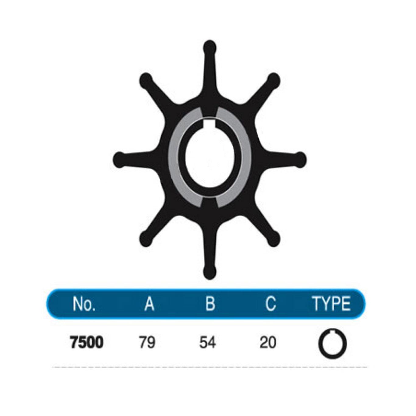 JMP Marine Flexible Impeller Kit #7500-01K. Replaces Doosan 60.06804-0003, Nikkiso F25KBC. Dia 79mm, Width 54mm, Shaft Dia 20mm, 8 Blades, Key Drive.